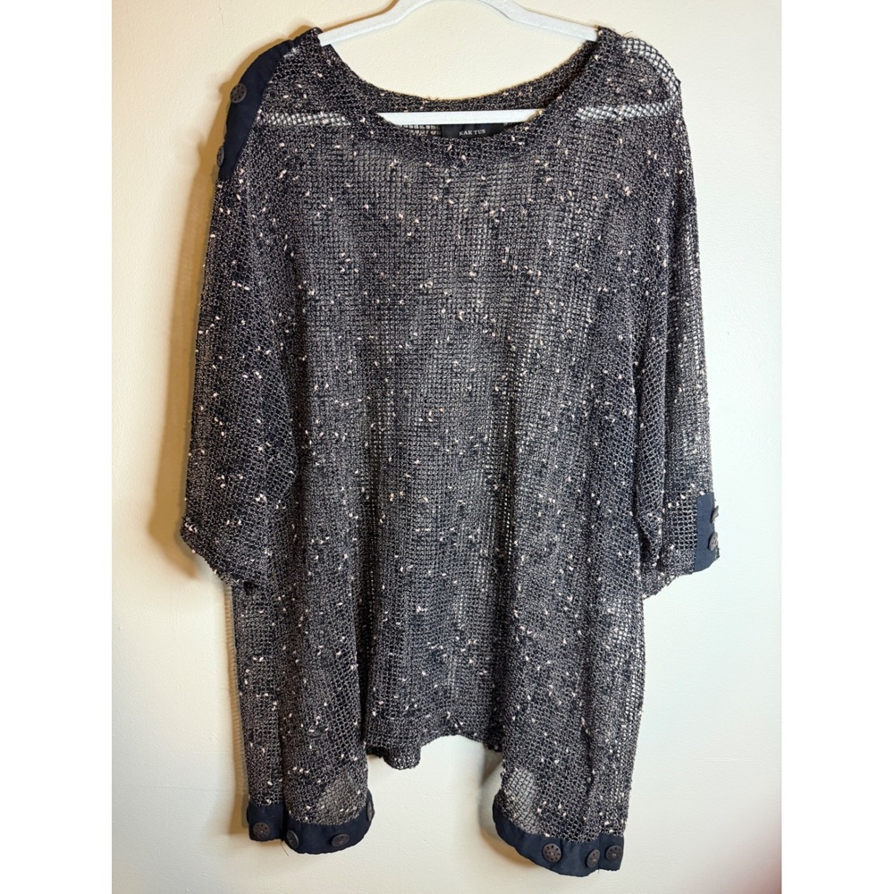 Kaktus Womens 2X Black Speckled Cotton Knit Tunic Sweater Button Cuffs Boho